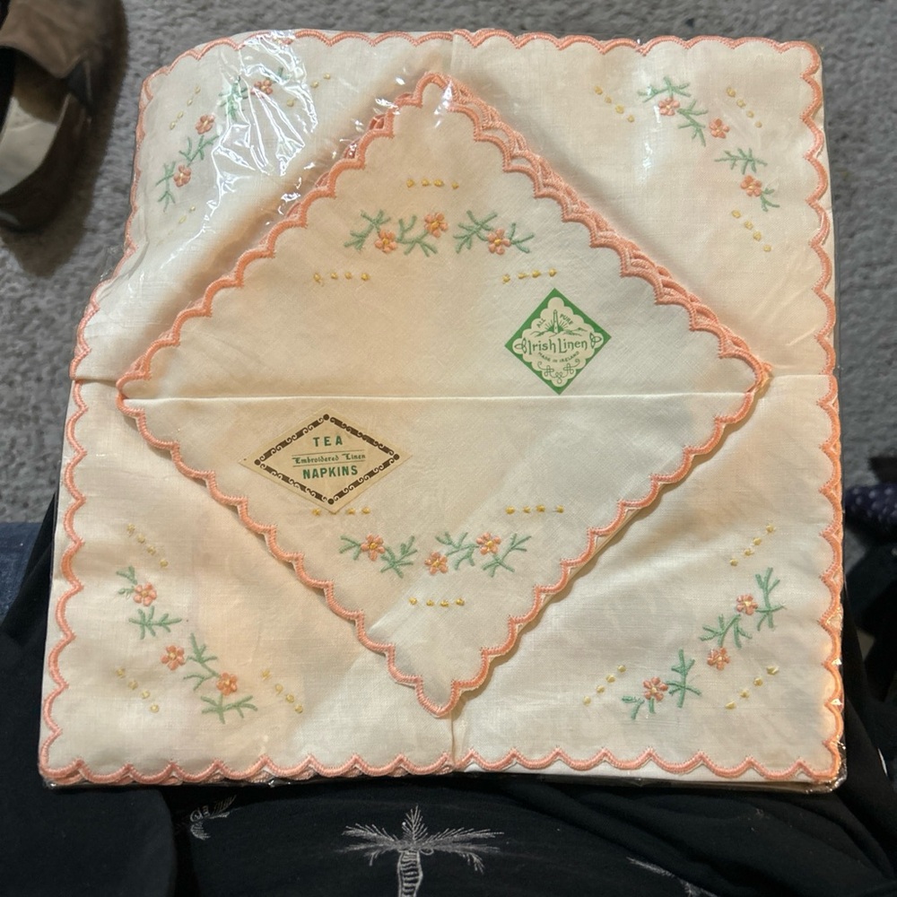 Irish Linen Embroidered Linen Tea Napkins Peach-Trim Embroidered Cotton Napkins